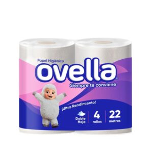 Papel Higiénico Ovella, doble hoja, 4 rollos de 22 mts.