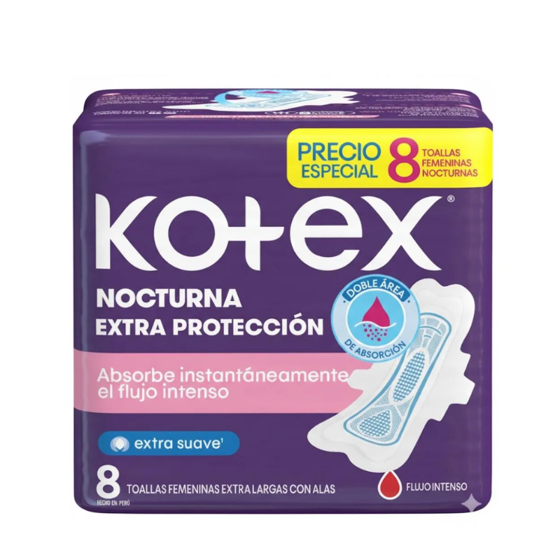 Toalla Higiénica Kotex Nocturna, Extra Protección, con Alas, 8 unidades